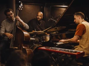 A jazz trio performs live in an intimate club setting, featuring piano, double bass, and drums, surrounded by warm lighting.