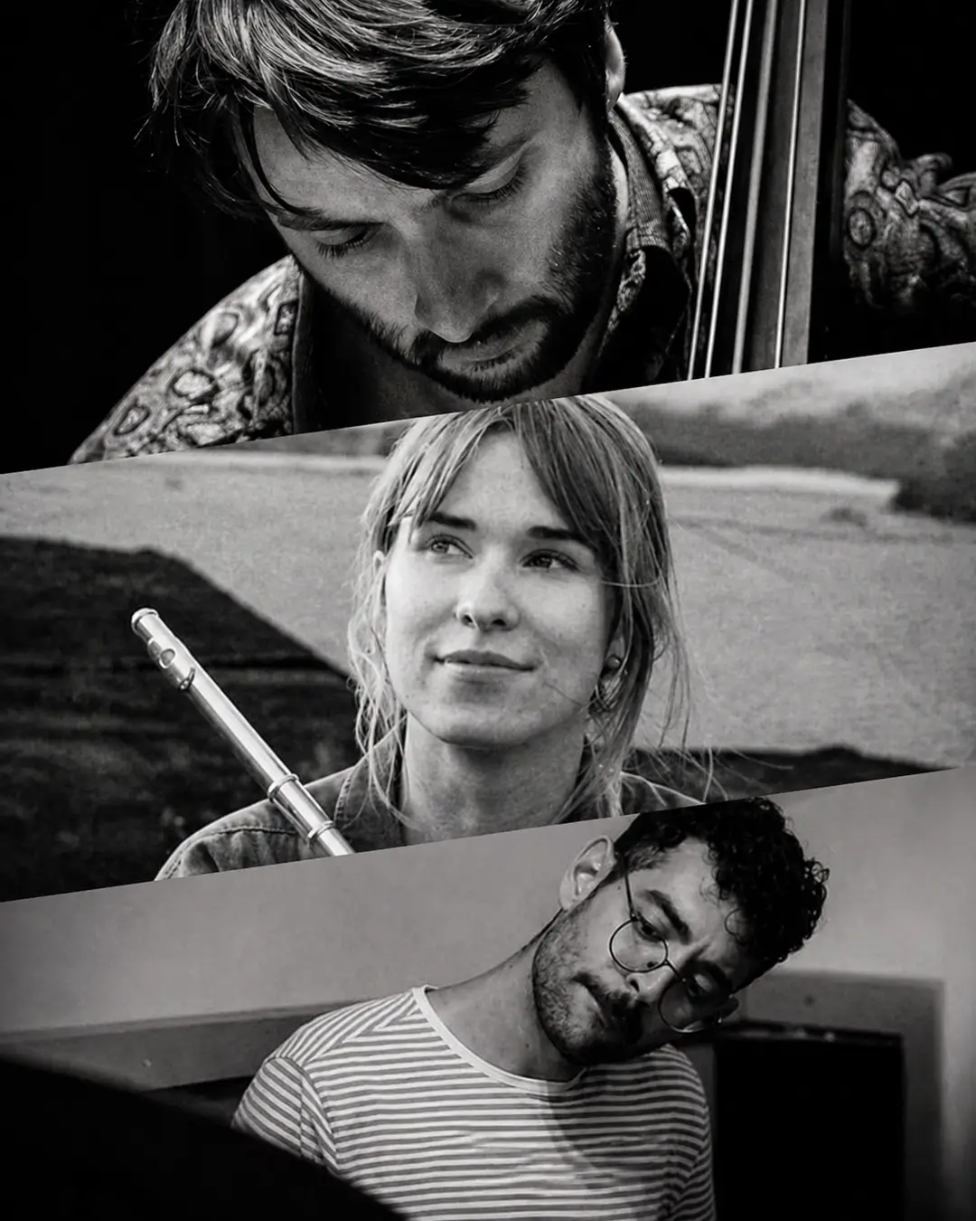 Zwart-wit portret van drie jazzmuzikanten: een contrabassist, een fluitist en een drummer, die samen het Maya–Karahona–Klaassen Trio vormen.