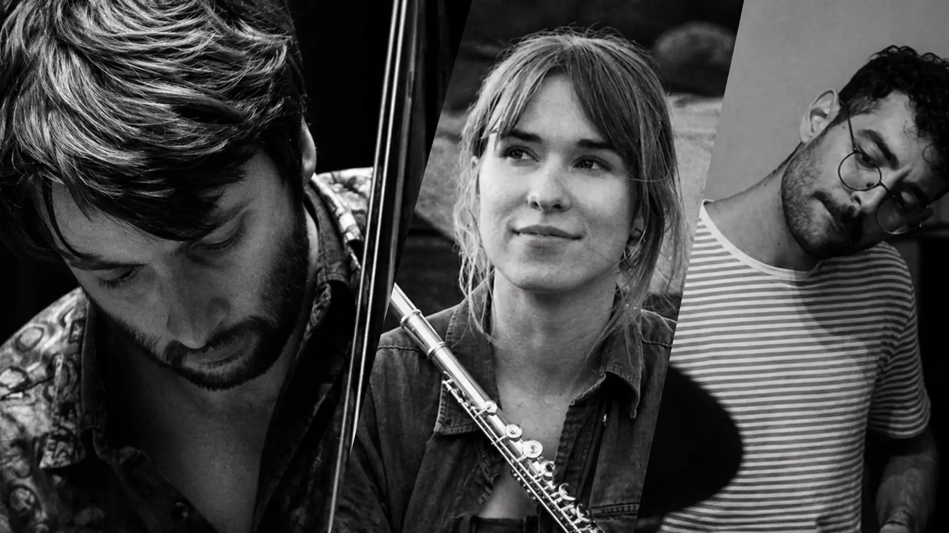 Zwart-wit portret van drie jazzmuzikanten: een contrabassist, een fluitist en een drummer, die samen het Maya–Karahona–Klaassen Trio vormen.