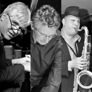 Berend van den Berg (piano), Joep Lumeij (gitaar) en gastsolist Dimitri Chapeau (saxofoon) tijdens hun optreden op het Red Light Jazz Festival, als onderdeel van het Mascini-duo met wisselende gasten.