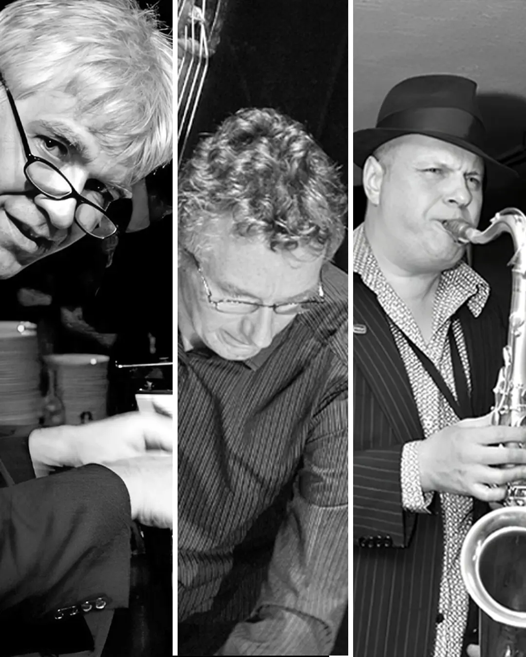 Berend van den Berg (piano), Joep Lumeij (gitaar) en gastsolist Dimitri Chapeau (saxofoon) tijdens hun optreden op het Red Light Jazz Festival, als onderdeel van het Mascini-duo met wisselende gasten.