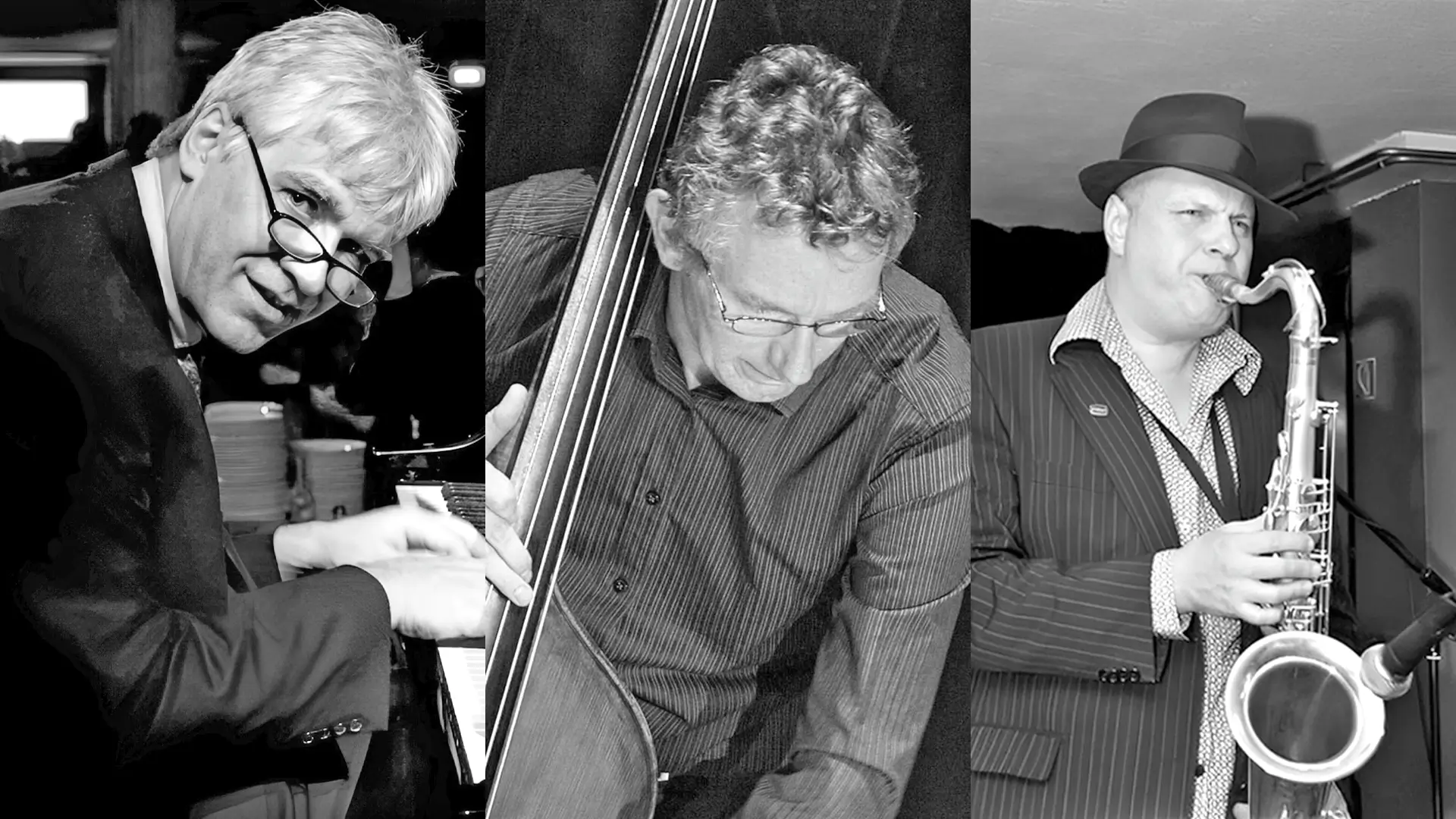 Berend van den Berg (piano), Joep Lumeij (gitaar) en gastsolist Dimitri Chapeau (saxofoon) tijdens hun optreden op het Red Light Jazz Festival, als onderdeel van het Mascini-duo met wisselende gasten.