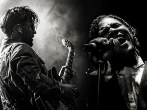 Zwart-wit podiumfoto van gitarist Lorijn van Piekartz die elektrische gitaar speelt naast zanger Jared Grant, die krachtig in de microfoon zingt, omgeven door dramatisch licht en rook.