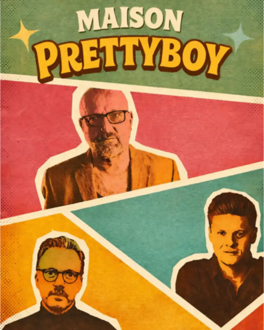 Grafisch vormgegeven afbeelding met portretten van muzikanten van Maison Prettyboy in contrasterende kleuren (rood, geel en blauw), elk afzonderlijk gepositioneerd in geometrische vlakken met een retro, collage-achtige stijl.