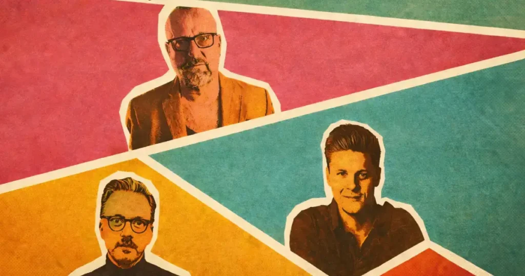 Grafisch vormgegeven afbeelding met portretten van muzikanten van Maison Prettyboy in contrasterende kleuren (rood, geel en blauw), elk afzonderlijk gepositioneerd in geometrische vlakken met een retro, collage-achtige stijl.