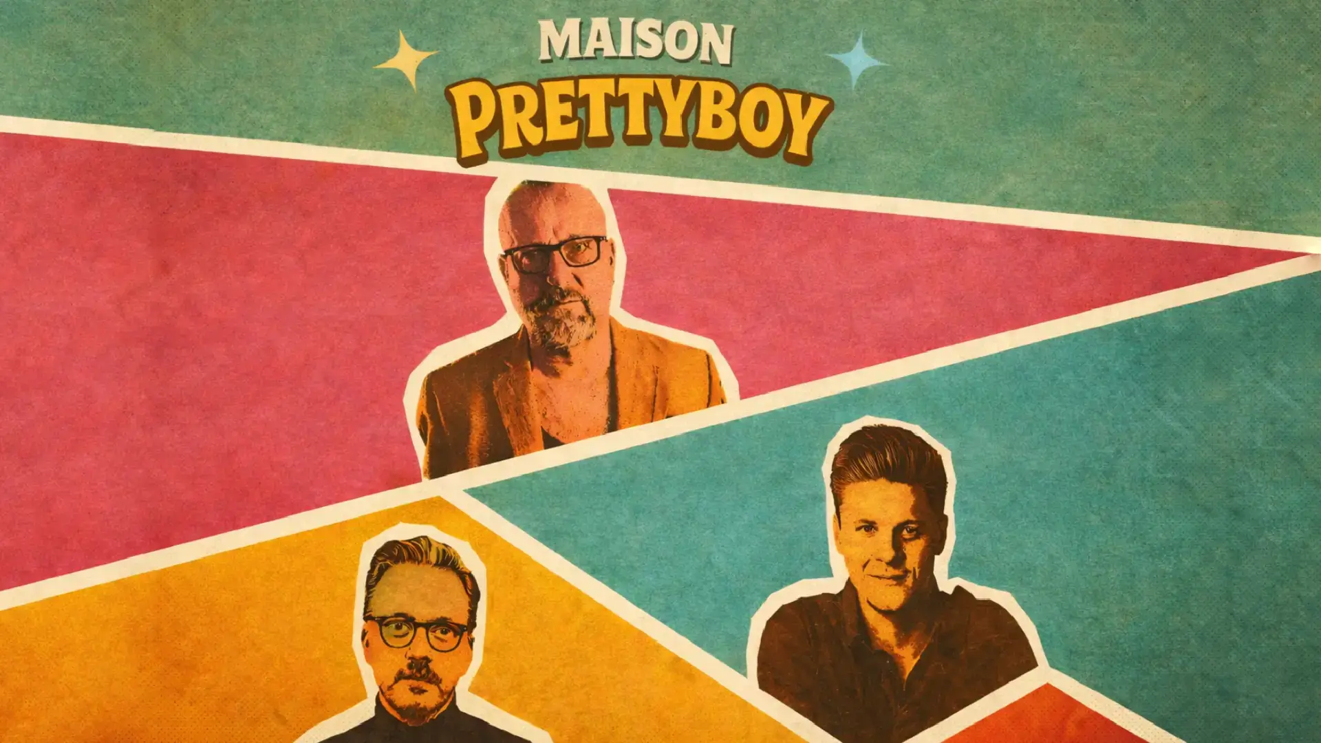 Grafisch vormgegeven afbeelding met portretten van muzikanten van Maison Prettyboy in contrasterende kleuren (rood, geel en blauw), elk afzonderlijk gepositioneerd in geometrische vlakken met een retro, collage-achtige stijl.