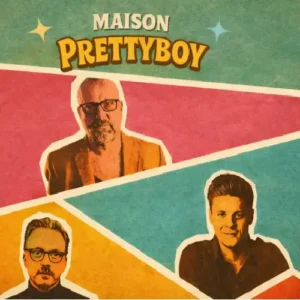 Grafisch vormgegeven afbeelding met portretten van muzikanten van Maison Prettyboy in contrasterende kleuren (rood, geel en blauw), elk afzonderlijk gepositioneerd in geometrische vlakken met een retro, collage-achtige stijl.