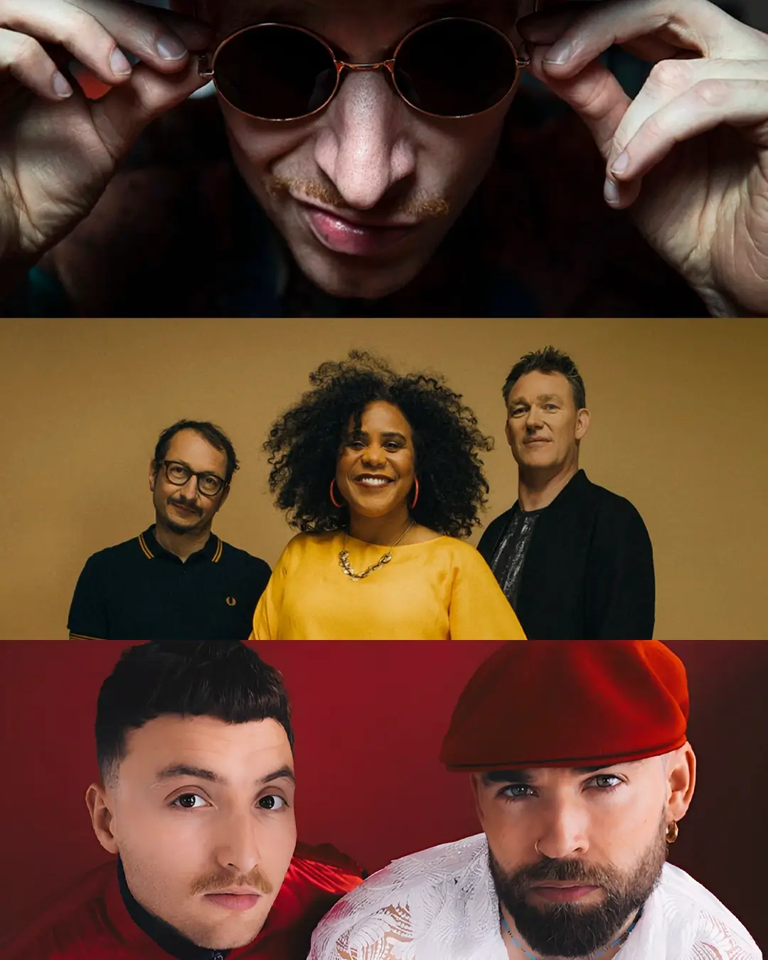 Collage van jazzartiesten tijdens Red Light Jazz Festival met zangeres en muzikanten in kleurrijke portretten