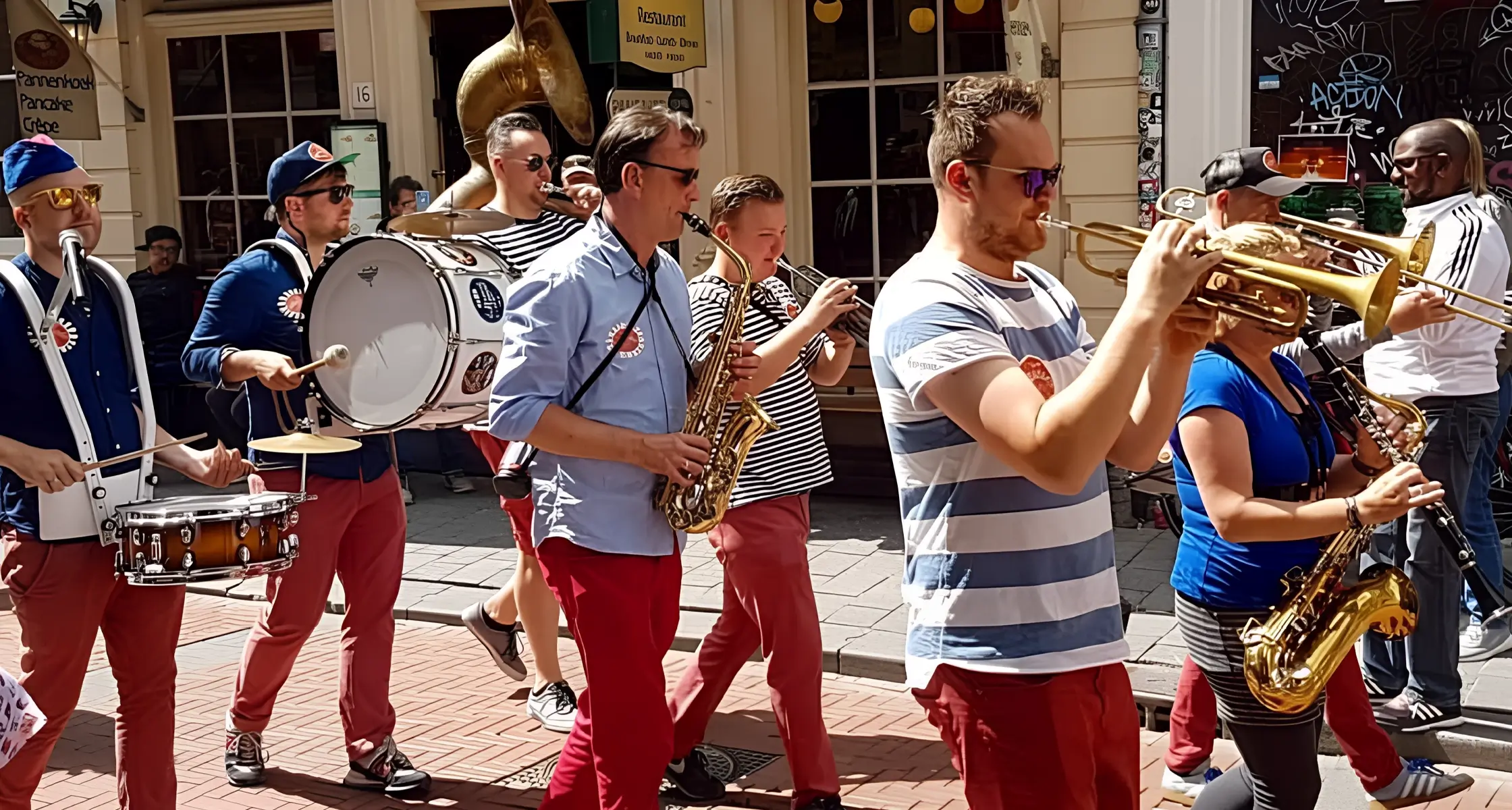 Straatband marcheert door de Amsterdamse binnenstad tijdens Red Light Jazz Festival